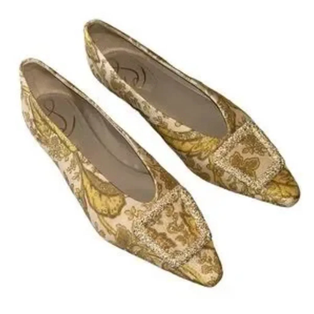 Sam Edelman Janina Yellow Metallic Gold Floral Brocade Embellished Flats 10 - Picture 3 of 14